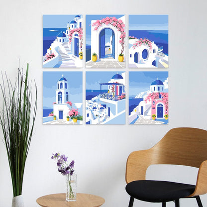 6 Houten Plaat Mini Paintings – Santorini Droom Set