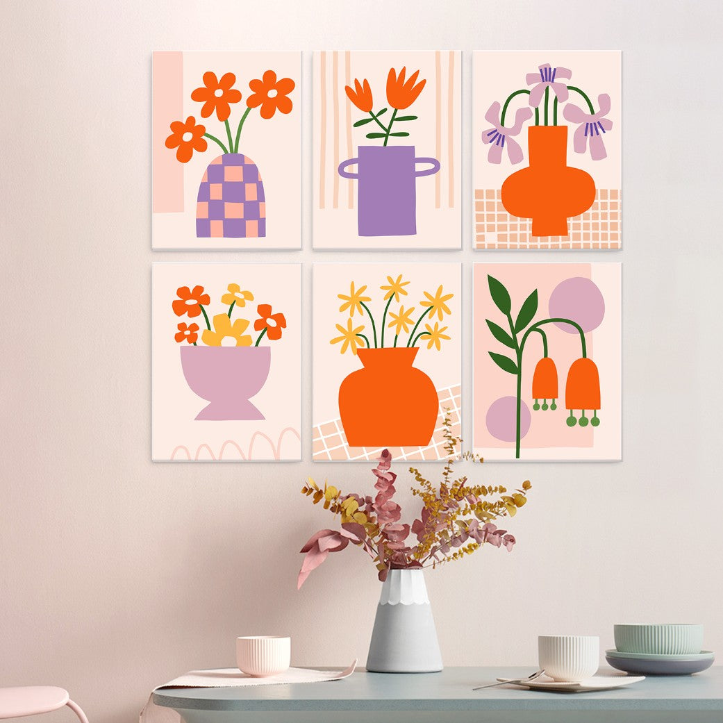 6 Houten Plaat Mini Paintings – Vaas vol Bloemen Set