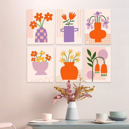 6 Houten Plaat Mini Paintings – Vaas vol Bloemen Set
