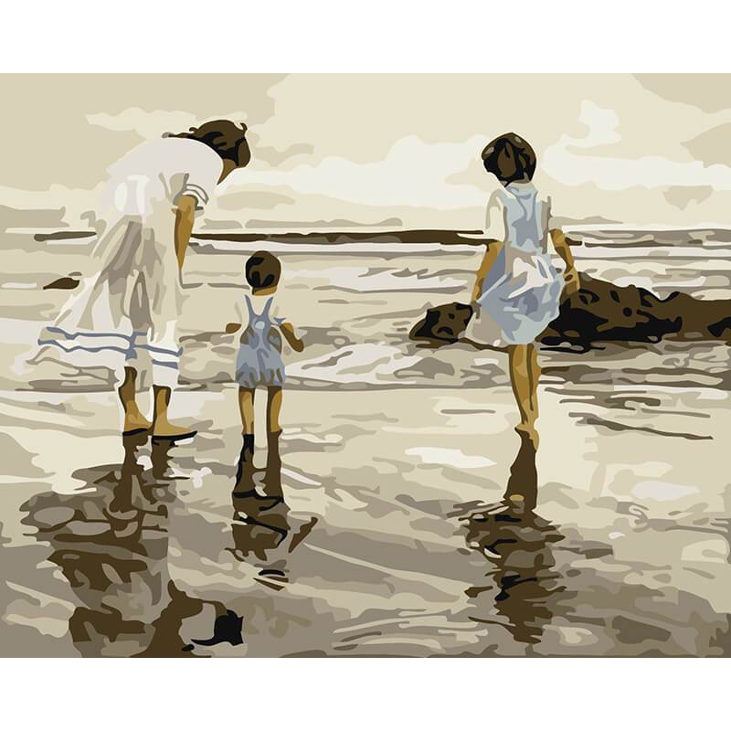 Familie op strand | Schilderen op nummer Schilderen op nummer eigen foto, Schilderen op nummer volwassenen, paint by numbers, verven op nummer, paard, kinderen