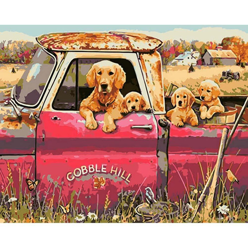 Hondenfamilie in auto | Schilderen op nummer Schilderen op nummer eigen foto, Schilderen op nummer volwassenen, paint by numbers, verven op nummer, paard, kinderen