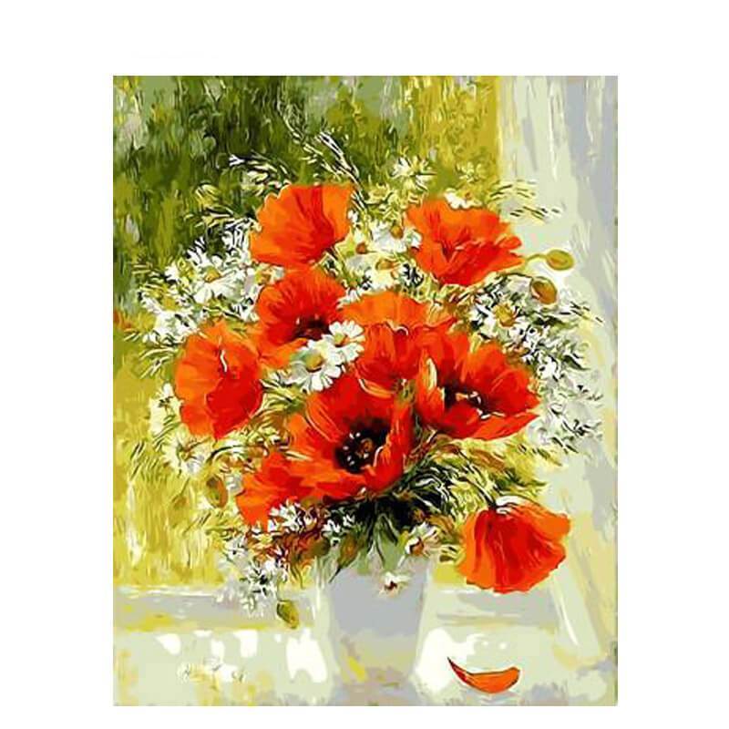 Tulpen en madeliefjes in vaas | Schilderen op nummer Schilderen op nummer eigen foto, Schilderen op nummer volwassenen, paint by numbers, verven op nummer, paard, kinderen