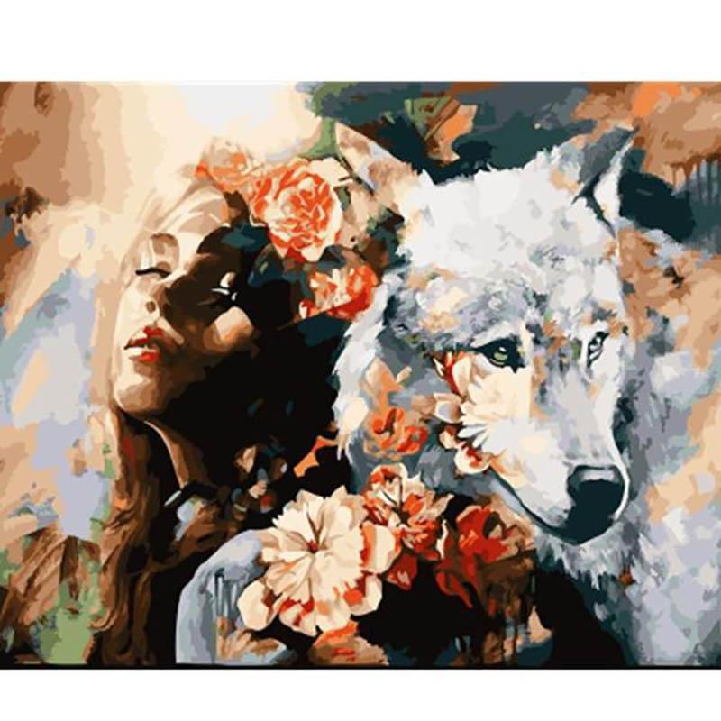 Vrouw en witte wolf | Schilderen op nummer Schilderen op nummer eigen foto, Schilderen op nummer volwassenen, paint by numbers, verven op nummer, paard, kinderen