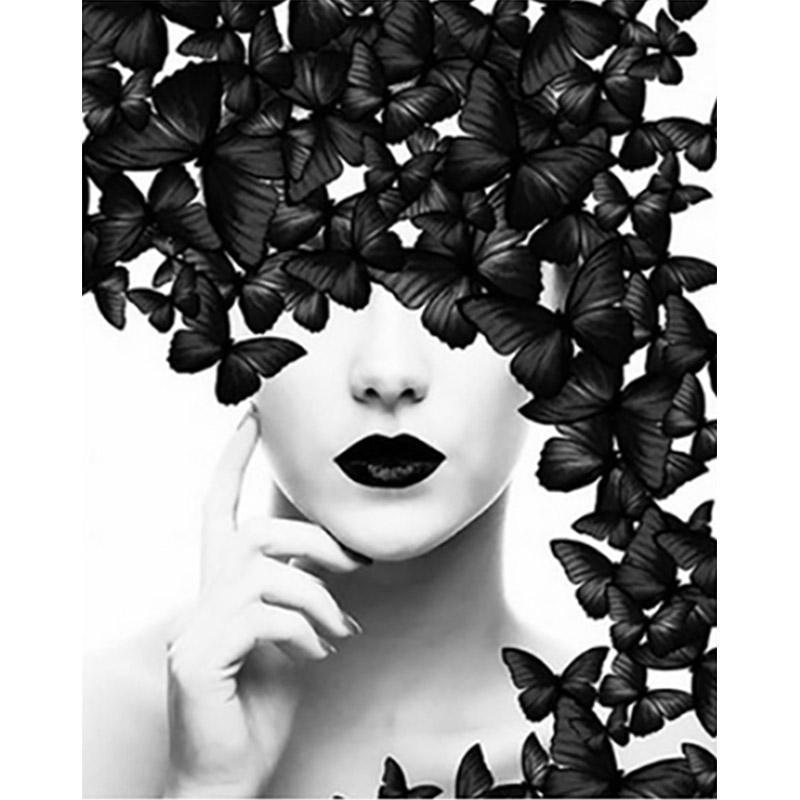 Vrouw met zwarte vlinders | Schilderen op nummer Schilderen op nummer eigen foto, Schilderen op nummer volwassenen, paint by numbers, verven op nummer, paard, kinderen