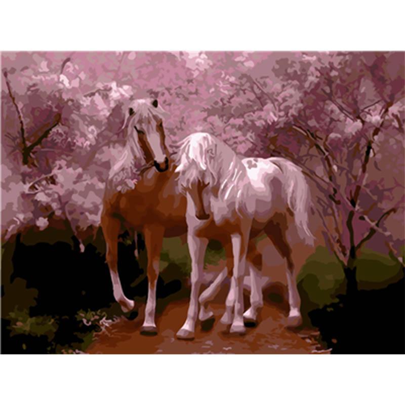 Witte paarden onder kersenbloesem | Schilderen op nummer Schilderen op nummer eigen foto, Schilderen op nummer volwassenen, paint by numbers, verven op nummer, paard, kinderen
