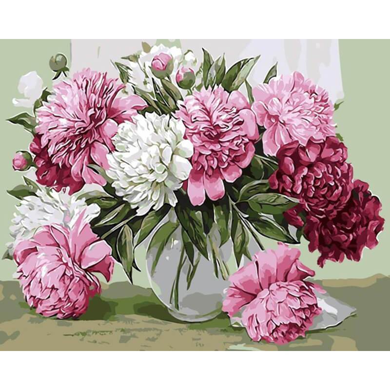 Schilder Op Nummers - Witte, roze en rode bloemen